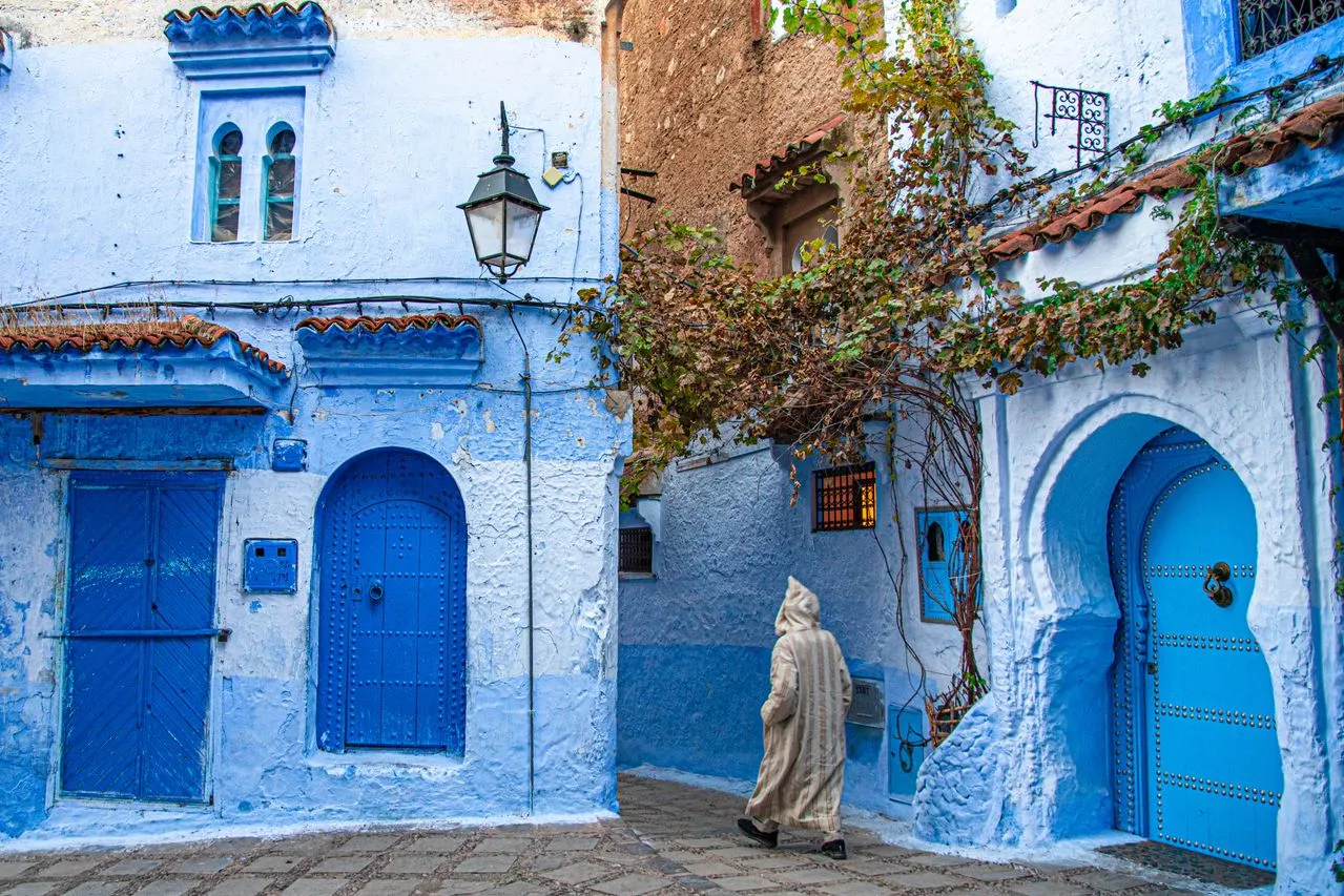The blue alleys of Chefchaouen at golden hour