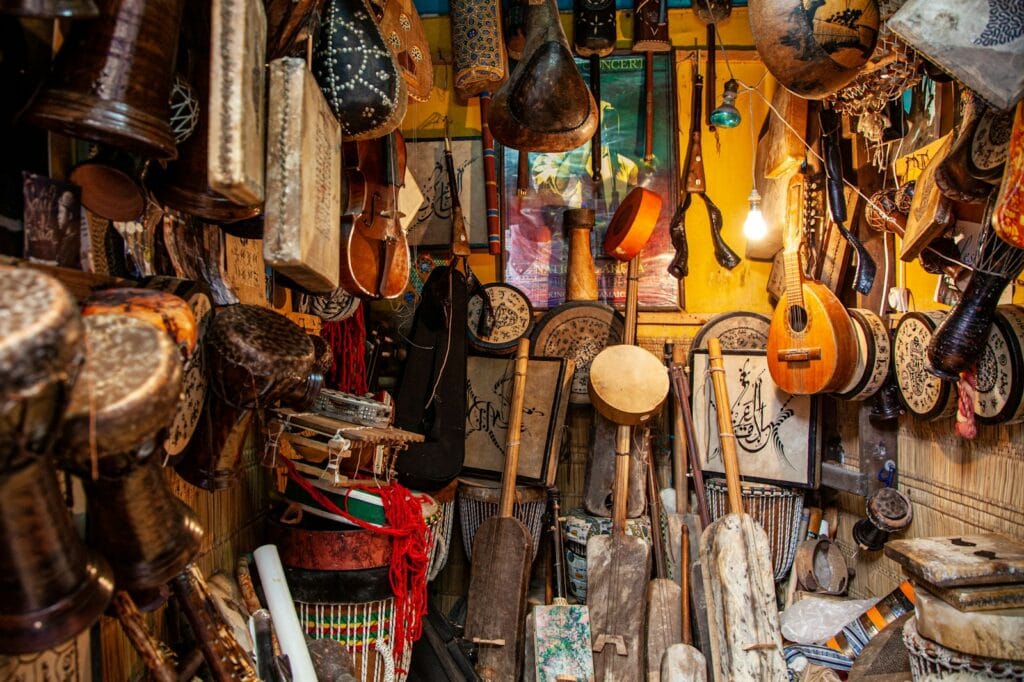 a bunch of items that are on display,Moroccan Music Instruments