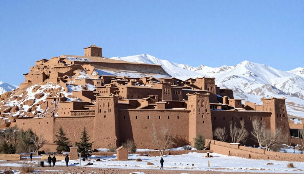 Ait Ben Haddou kasbah with snow-capped Atlas Mountains in February