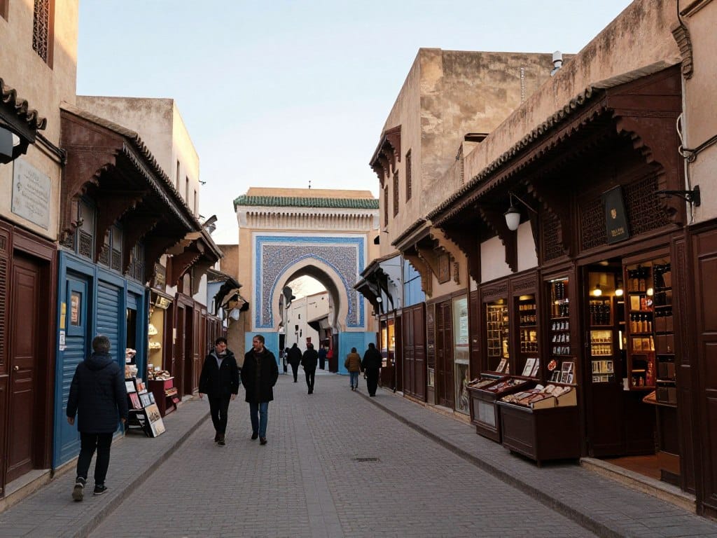 Ancient medina streets of Fez during quiet February afternoon