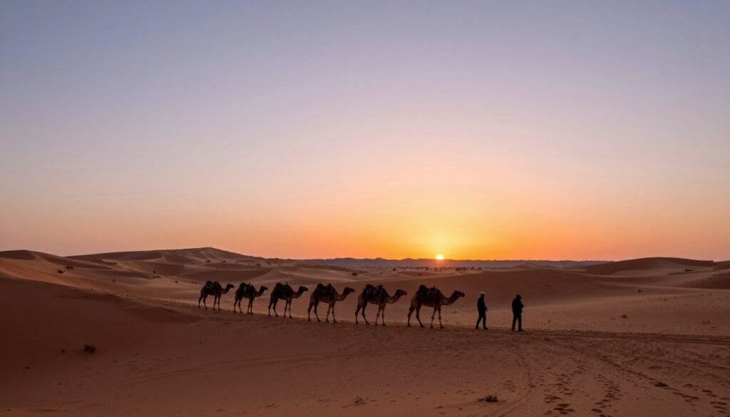 Camel caravan crossing Sahara dunes at sunset in February