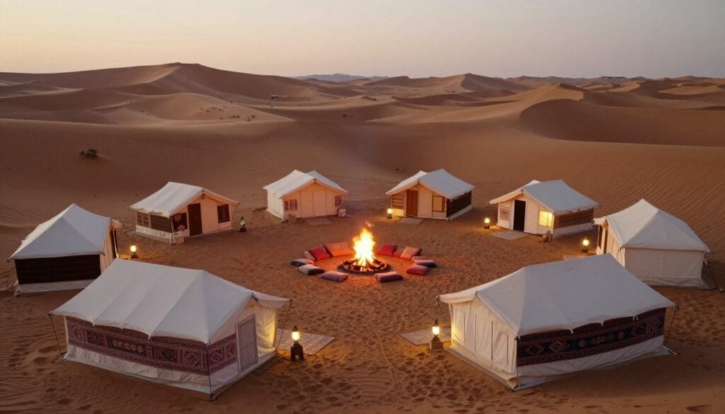 Luxury desert camp in the Sahara with comfortable tents and campfire in February