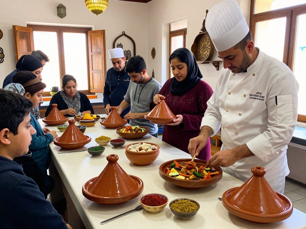 Moroccan cooking class preparing traditional tagine dishes in February