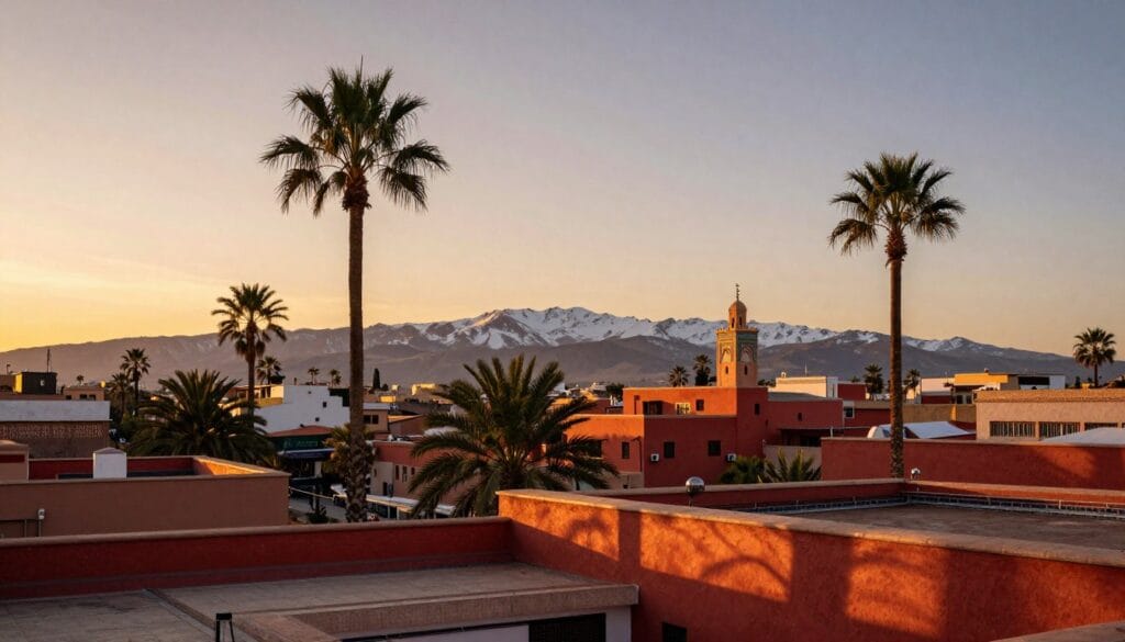 Sunset over Marrakech with palm trees and Atlas Mountains in February
