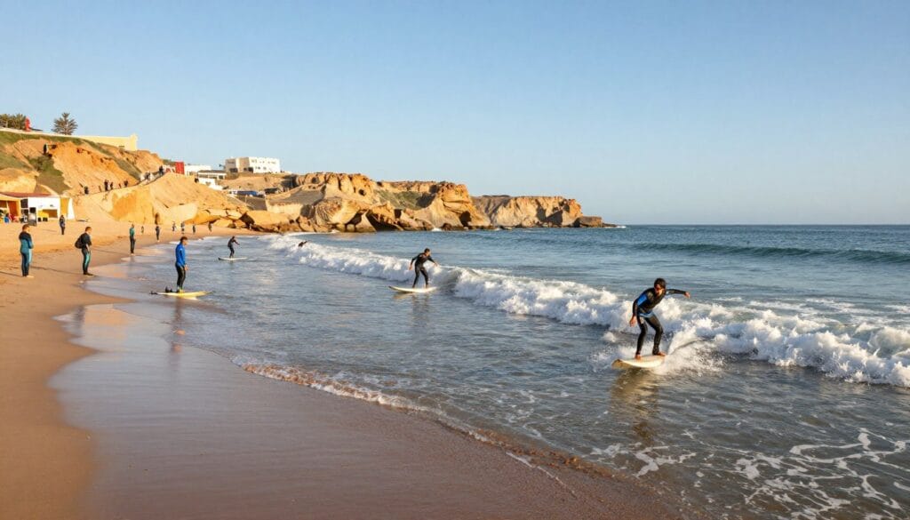 Surfers at Taghazout beach during February with perfect waves