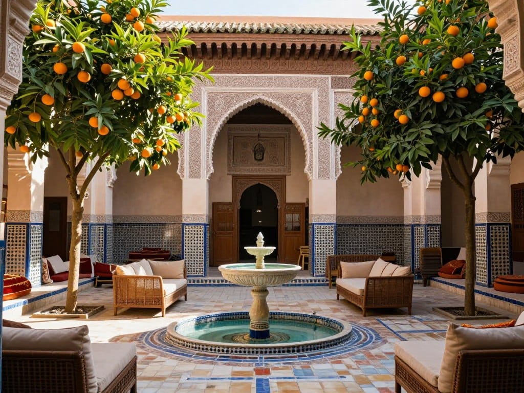 Traditional riad courtyard in Marrakech with fountain and orange trees in February