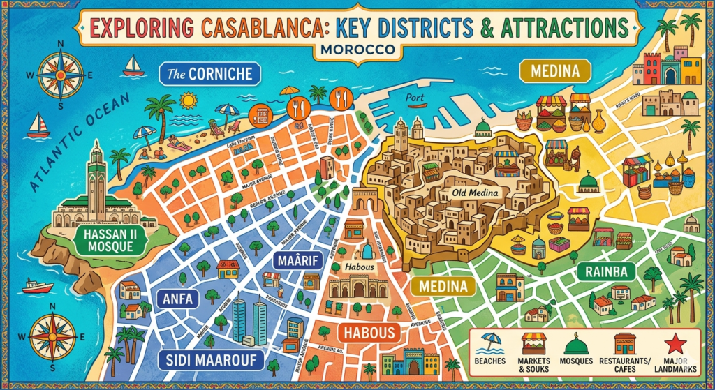 Casablanca vacation packages map with top attractions for travelers.