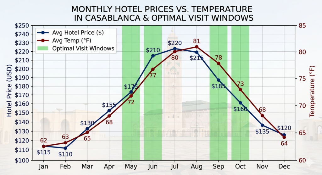 Best time to visit Casablanca vacation packages chart for budget travelers.
