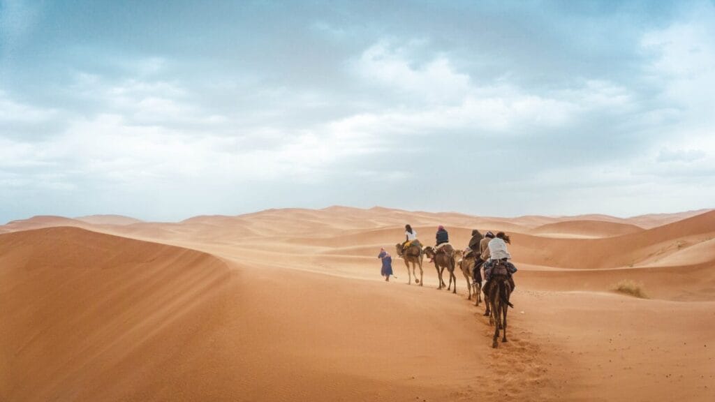 group of people riding on camels.Weather in Morocco in July